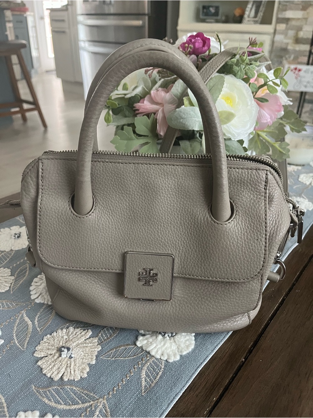 Tory Burch Taupe Pebbled Leather Mini Satchel